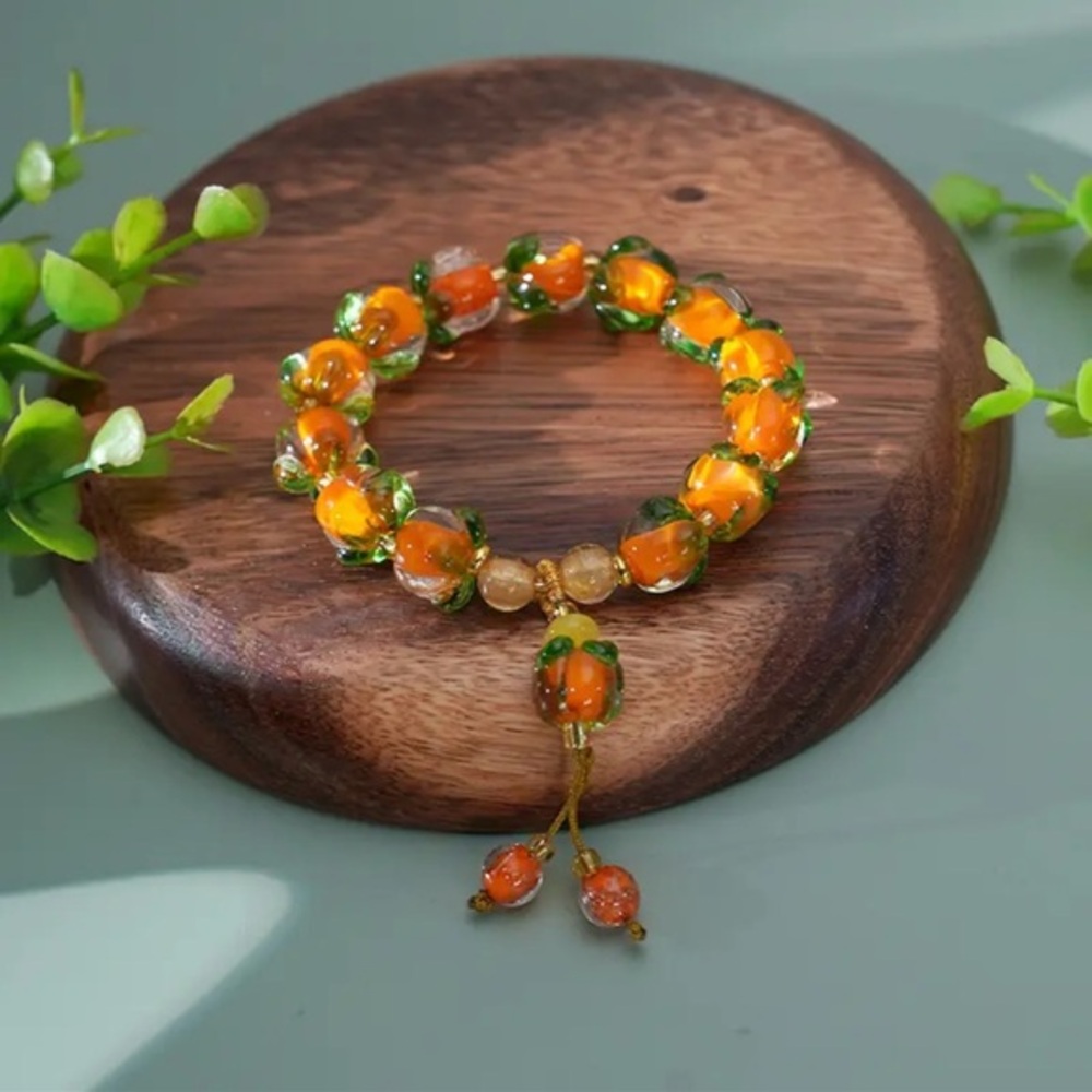 Orange Beaded Bracelet Gold Tone Tassel Charm Boho NWT